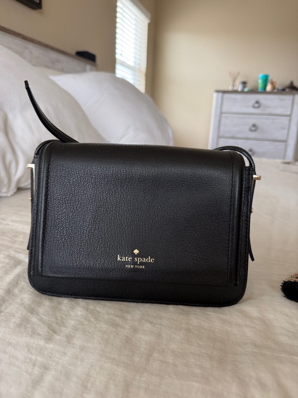 kate spade Black Pebbled Leather Crossbody with Gold Logo